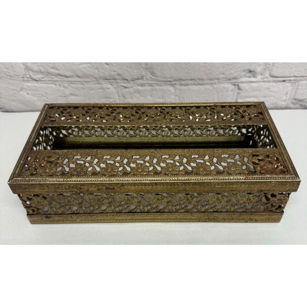 Vintage Gold Filigree Metal Tissue Box Holder Hollywood Regency Roses